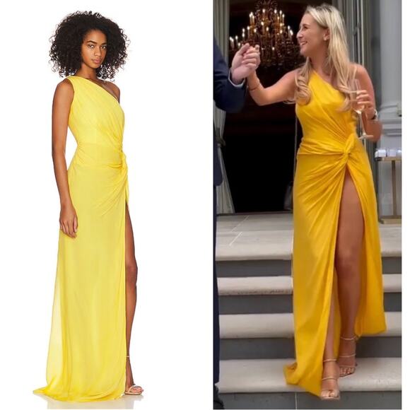 SAU LEE Helene One Shoulder Ruched Draped Canary Yellow Maxi Dress Size 6 - Picture 2 of 9